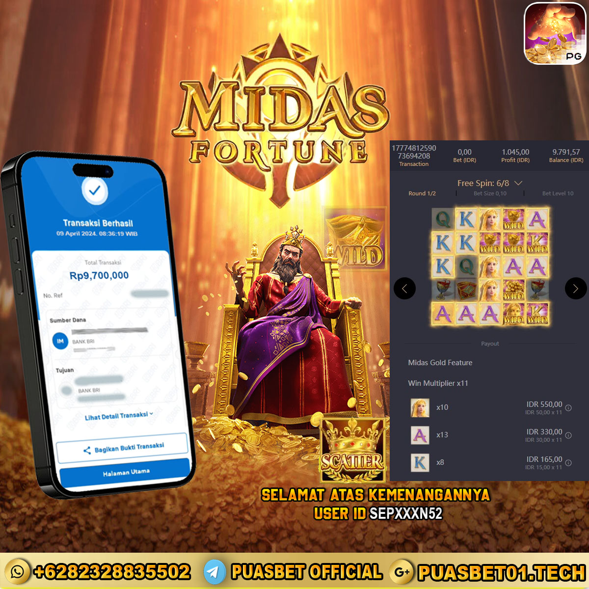 BUKTI WD PUASBET 09 APRIL 2024 ( midas fortune ) Rp.9,500,000 – LUNAS)